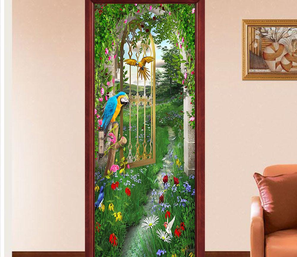 3D parrot flower painting door mural Wallpaper AJ Wallpaper 