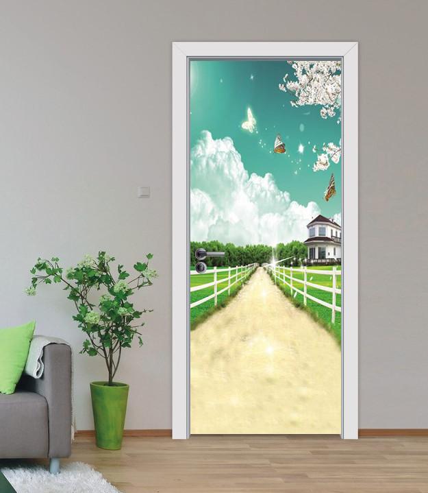 3D house the blue sky and white clouds fence door mural Wallpaper AJ Wallpaper 