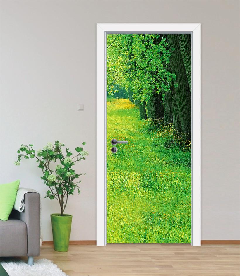 3D rows of green trees and green grass tree meadow green door mural Wallpaper AJ Wallpaper 