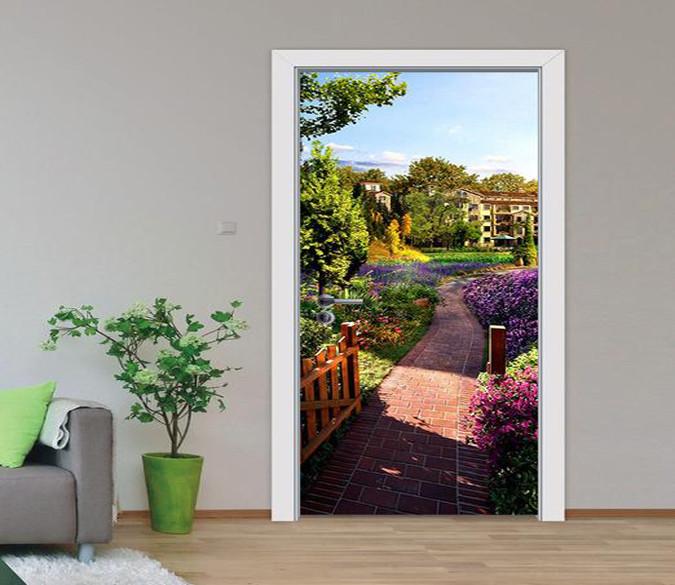 3D park garden flowers and plants door mural Wallpaper AJ Wallpaper 