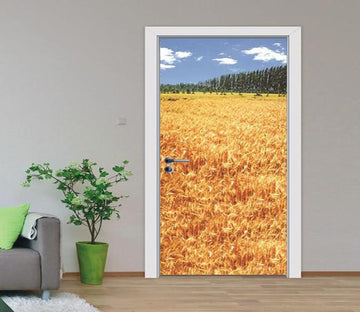 3D golden paddy the blue sky and white clouds door mural Wallpaper AJ Wallpaper 