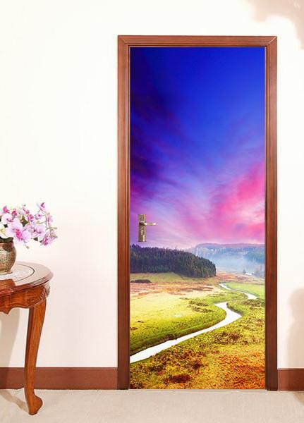 3D grassland river sunset door mural Wallpaper AJ Wallpaper 