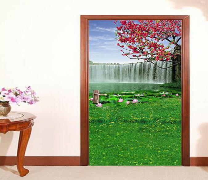 3D red flowering trees the green grass waterfall door mural Wallpaper AJ Wallpaper 