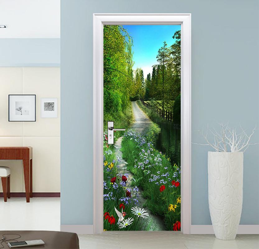 3D path flowers and trees door mural Wallpaper AJ Wallpaper 