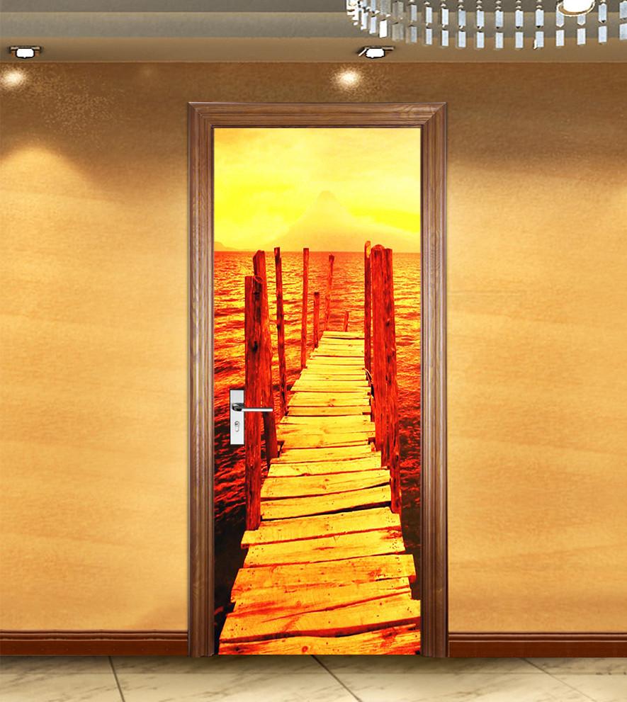 3D sea wooden bridge sunset glow door mural Wallpaper AJ Wallpaper 