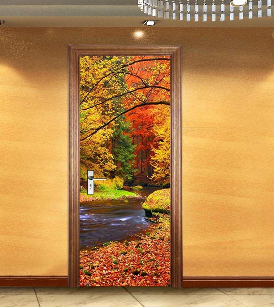 3D autumn tree fallen leaves river water door mural Wallpaper AJ Wallpaper 