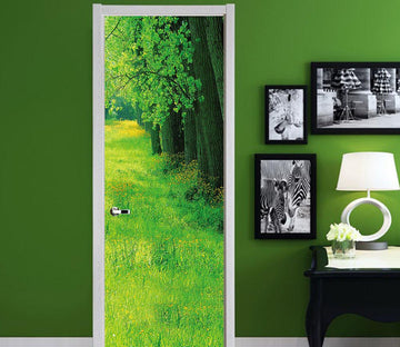 3D rows of green trees and green grass tree meadow green door mural Wallpaper AJ Wallpaper 