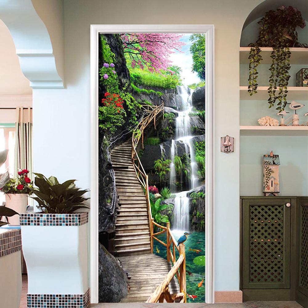 3D wooden stairs waterfall door mural Wallpaper AJ Wallpaper 