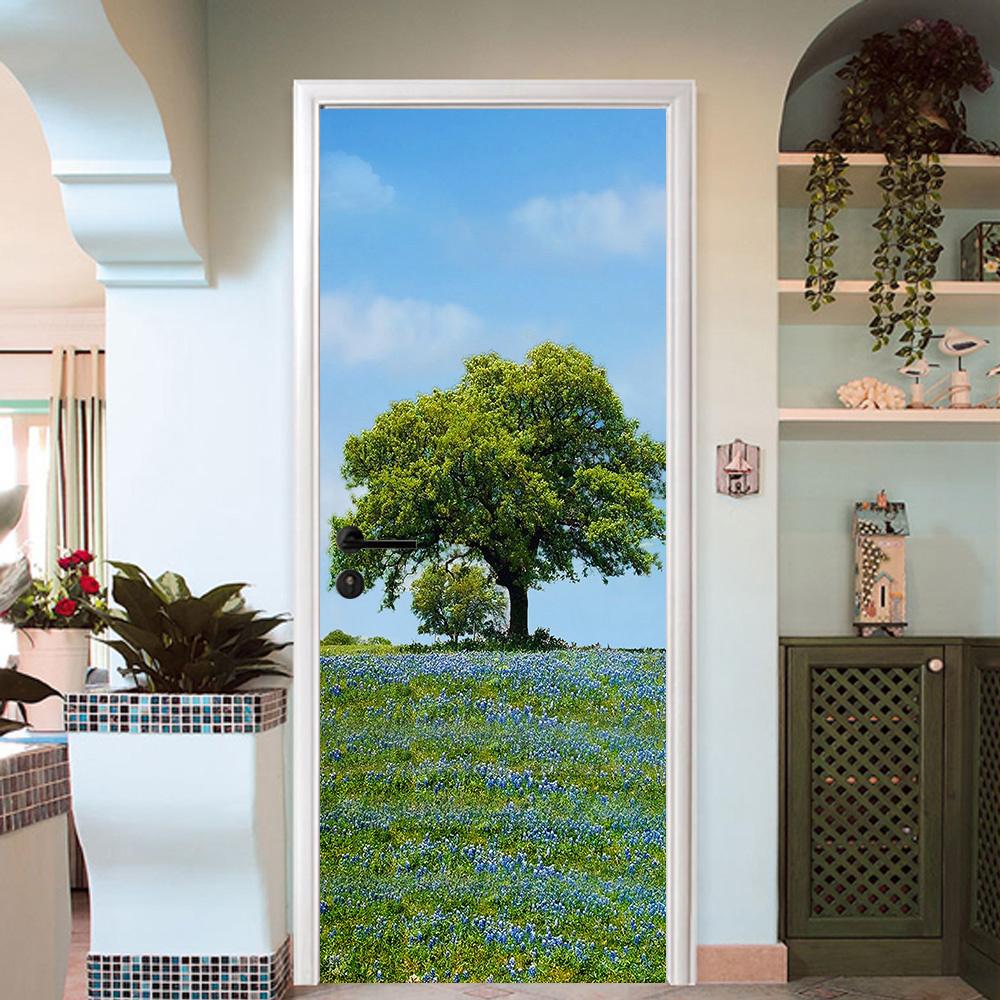 3D grassland flowers and trees door mural Wallpaper AJ Wallpaper 