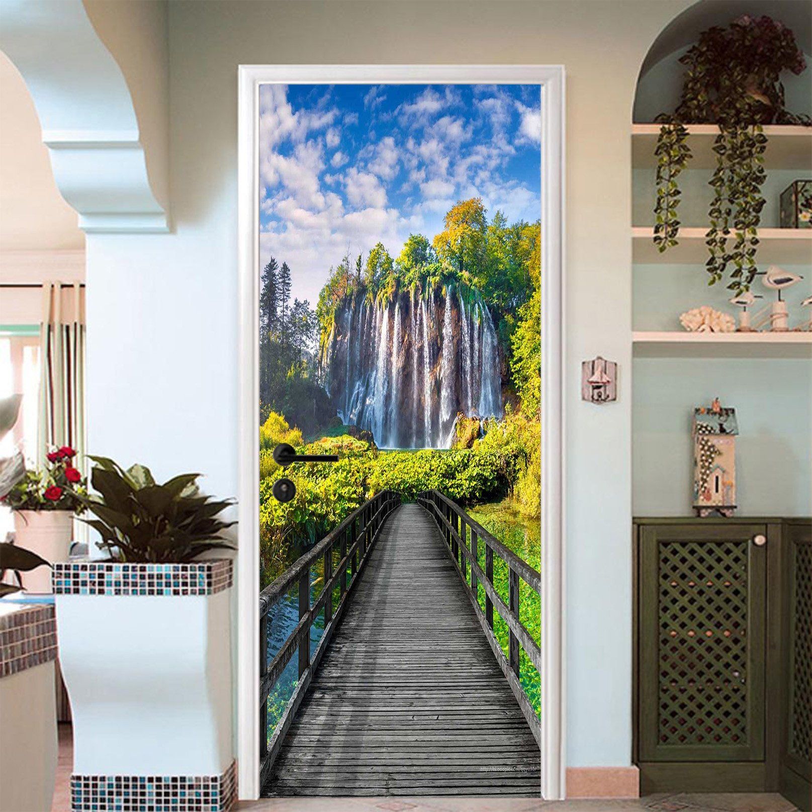 3D Waterfall Wood Bridge 69 Door Mural Wallpaper AJ Wallpaper 