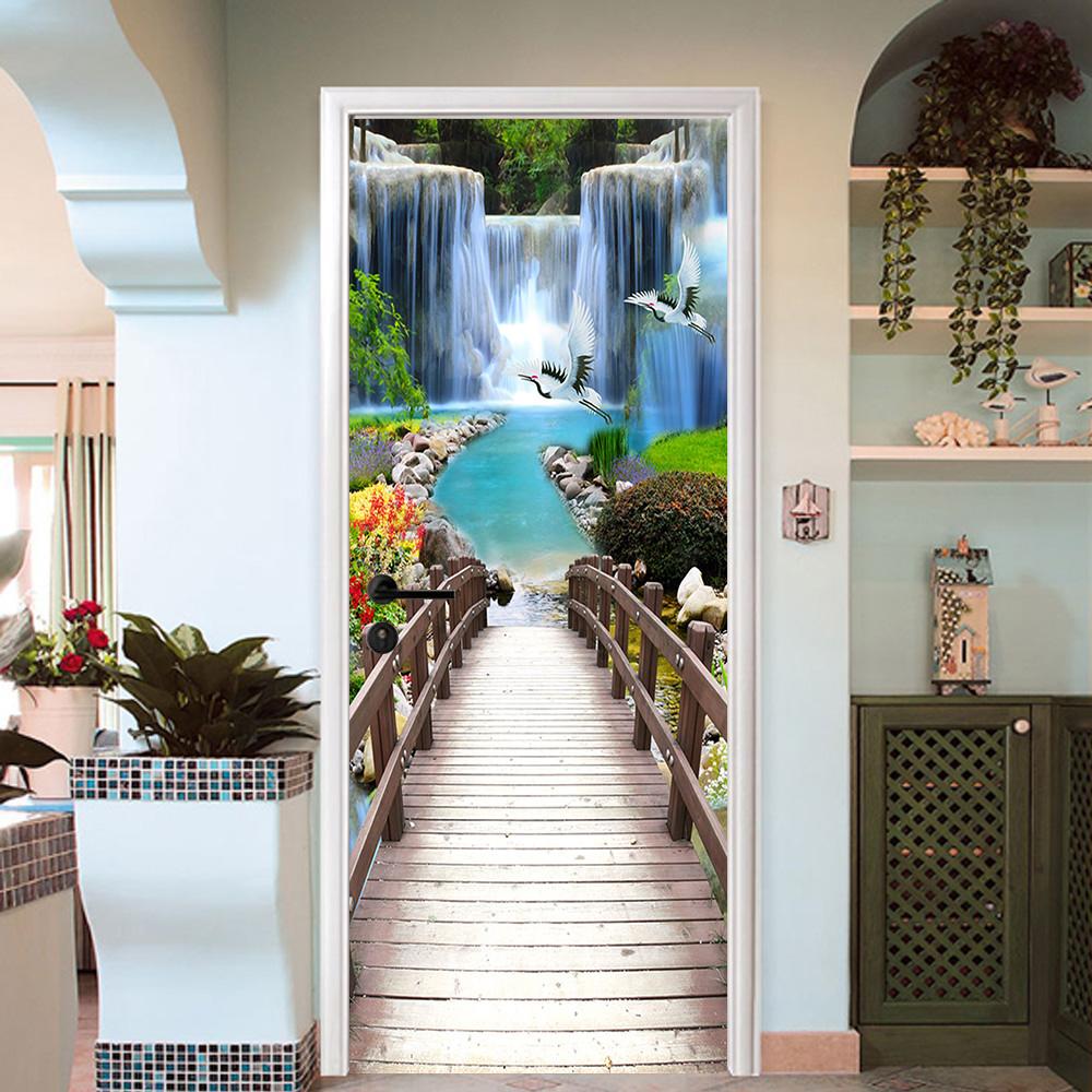 3D falls wooden bridge painting door mural Wallpaper AJ Wallpaper 