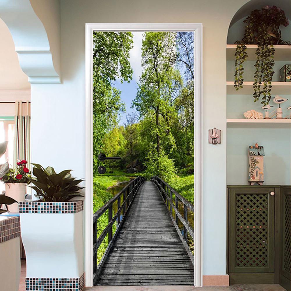 3D wooden bridge rivers door mural Wallpaper AJ Wallpaper 