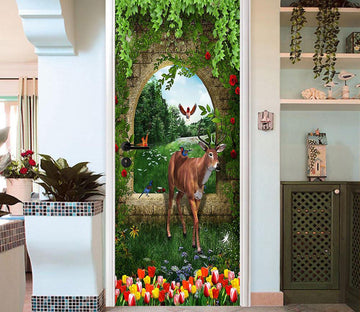 3D elk flower the green grass door mural Wallpaper AJ Wallpaper 