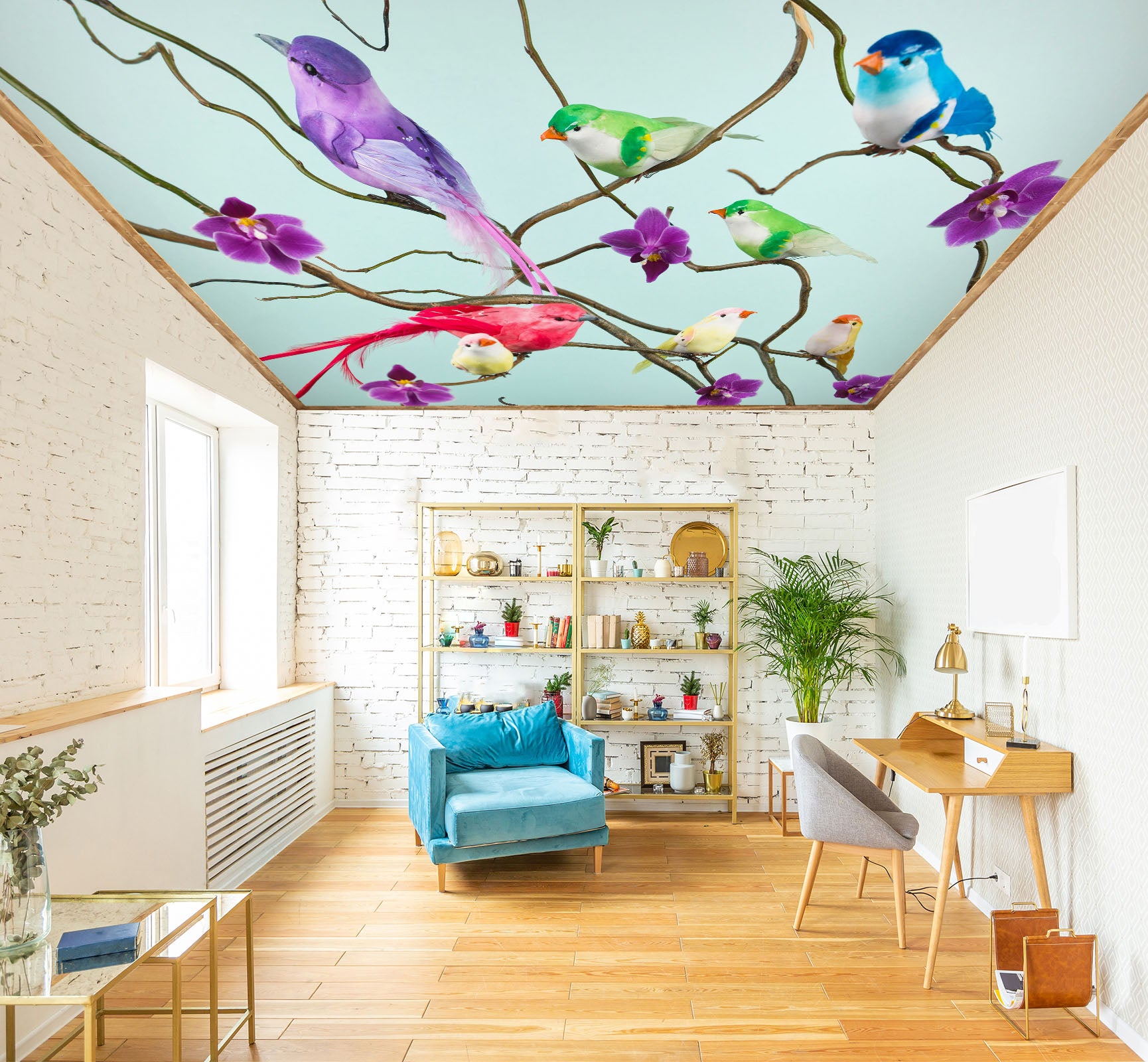 3D Color Birds Flower 2568 Assaf Frank Ceiling Wallpaper Murals