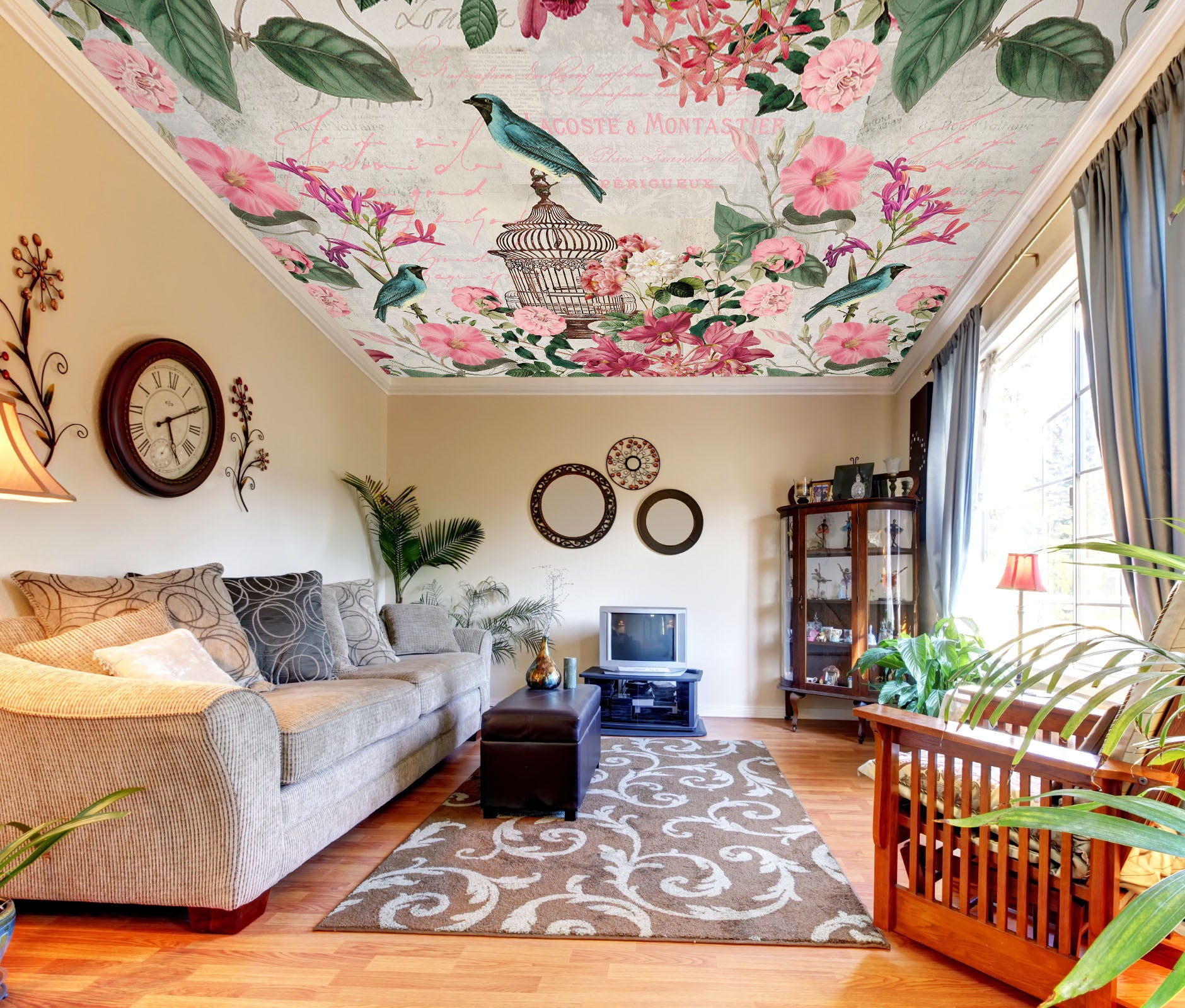 3D Pink Flower Bird 962 Andrea Haase Ceiling Wallpaper Murals