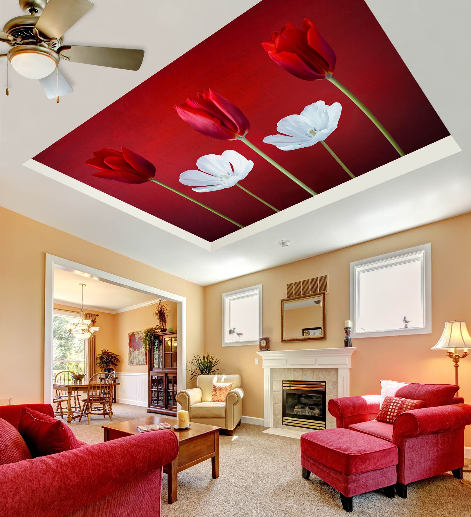 3D Red White Flower 2569 Assaf Frank Ceiling Wallpaper Murals