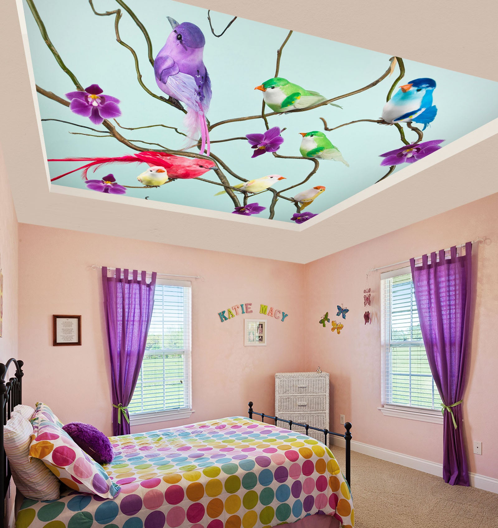 3D Color Birds Flower 2568 Assaf Frank Ceiling Wallpaper Murals