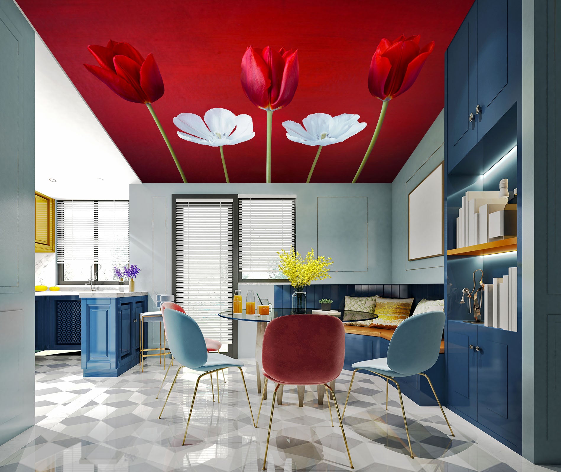 3D Red White Flower 2569 Assaf Frank Ceiling Wallpaper Murals