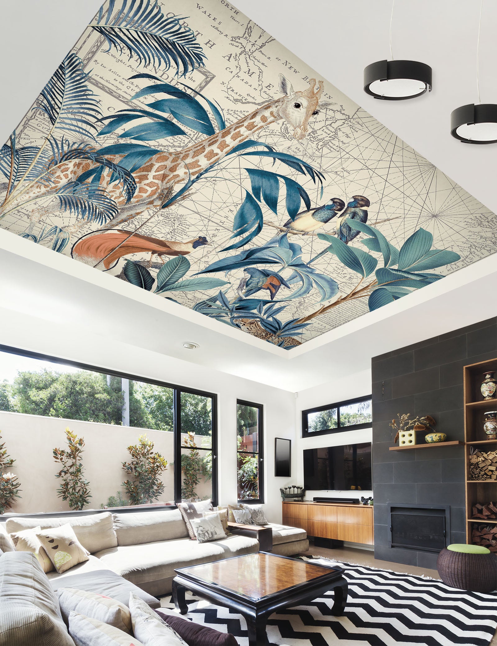 3D Blue Leaves Giraffe 5277 Andrea Haase Ceiling Wallpaper Murals