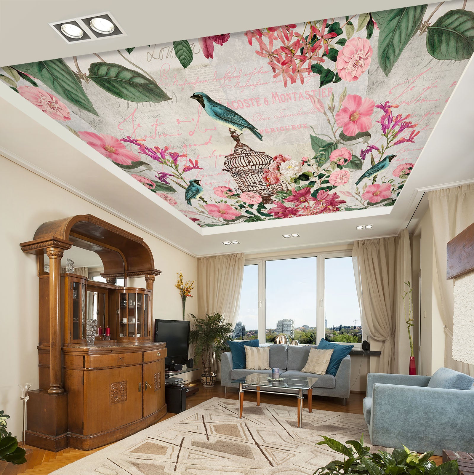 3D Pink Flower Bird 962 Andrea Haase Ceiling Wallpaper Murals