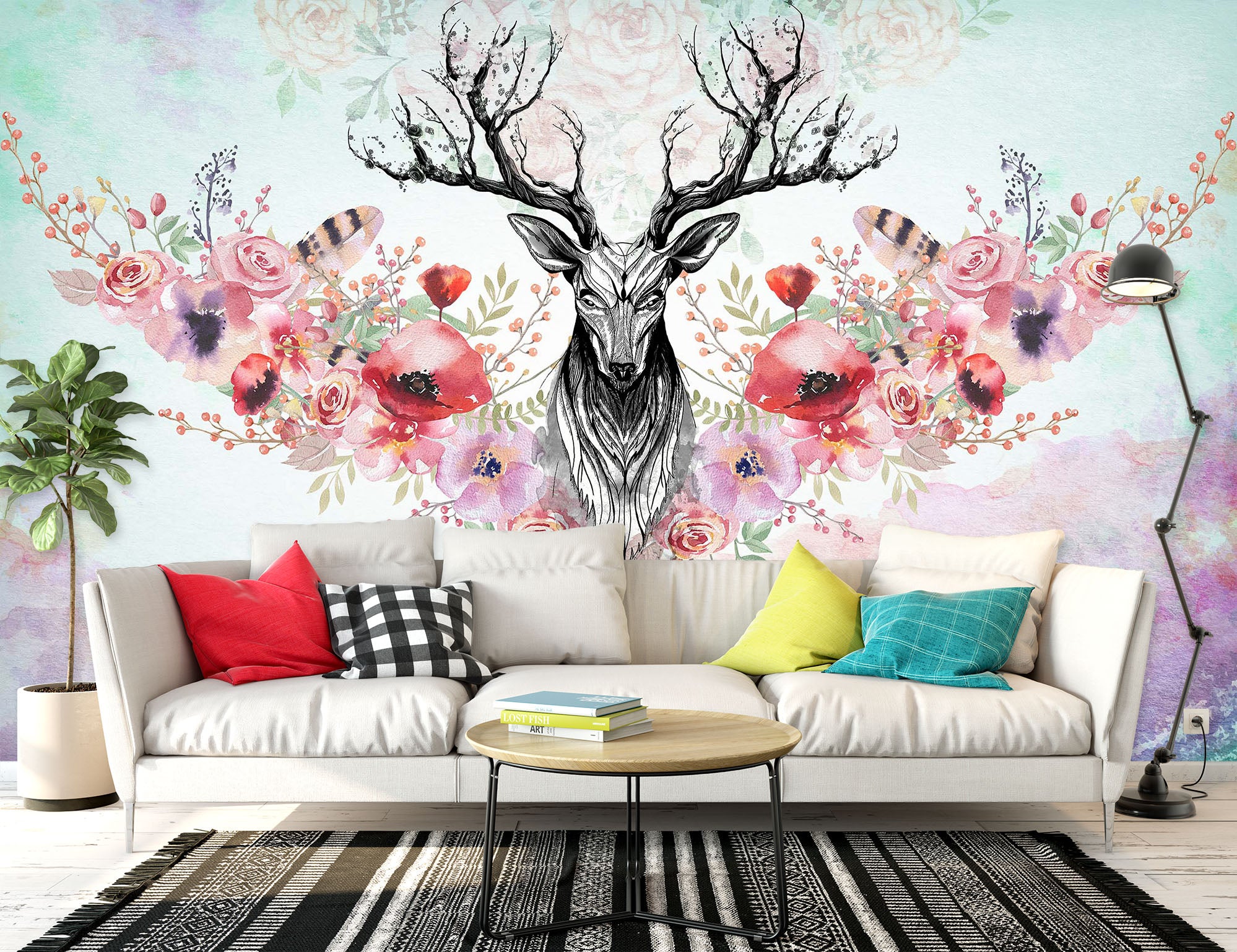 3D Flower Deer 1452 Wall Murals