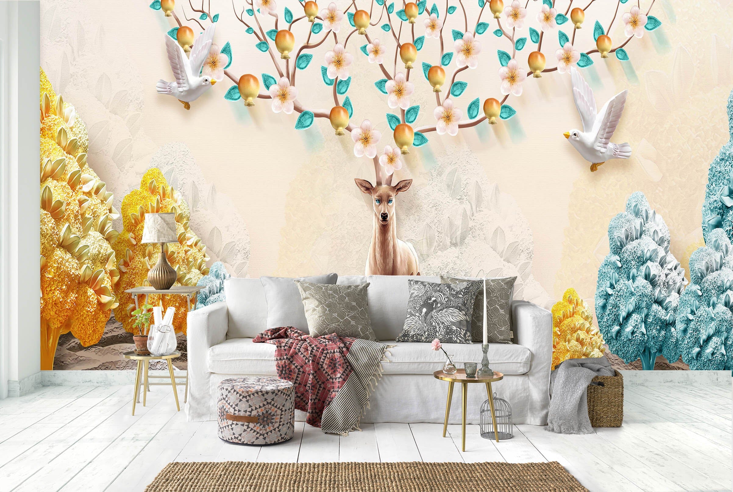 3D Flower Deer 023 Wall Murals Wallpaper AJ Wallpaper 2 