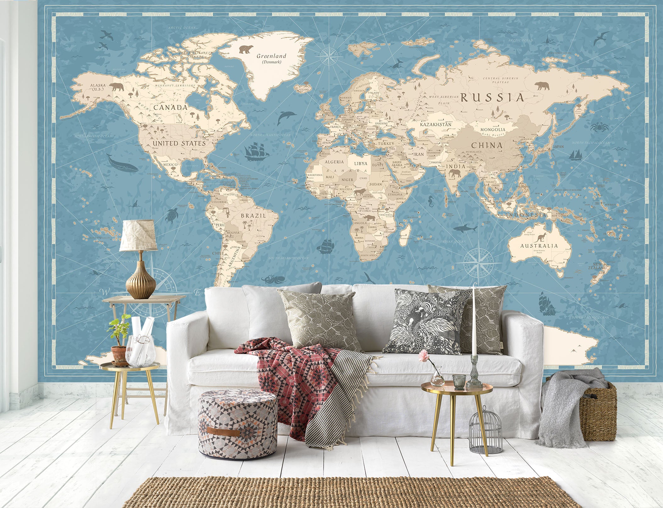 3D White Land 2156 World Map Wall Murals