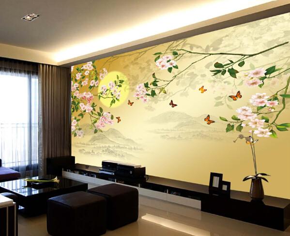 Moon Branch Butterfly Flowers Wallpaper AJ Wallpaper 1 