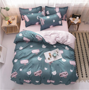 3D Green Background Cartoon Cat Head 2109 Bed Pillowcases Quilt