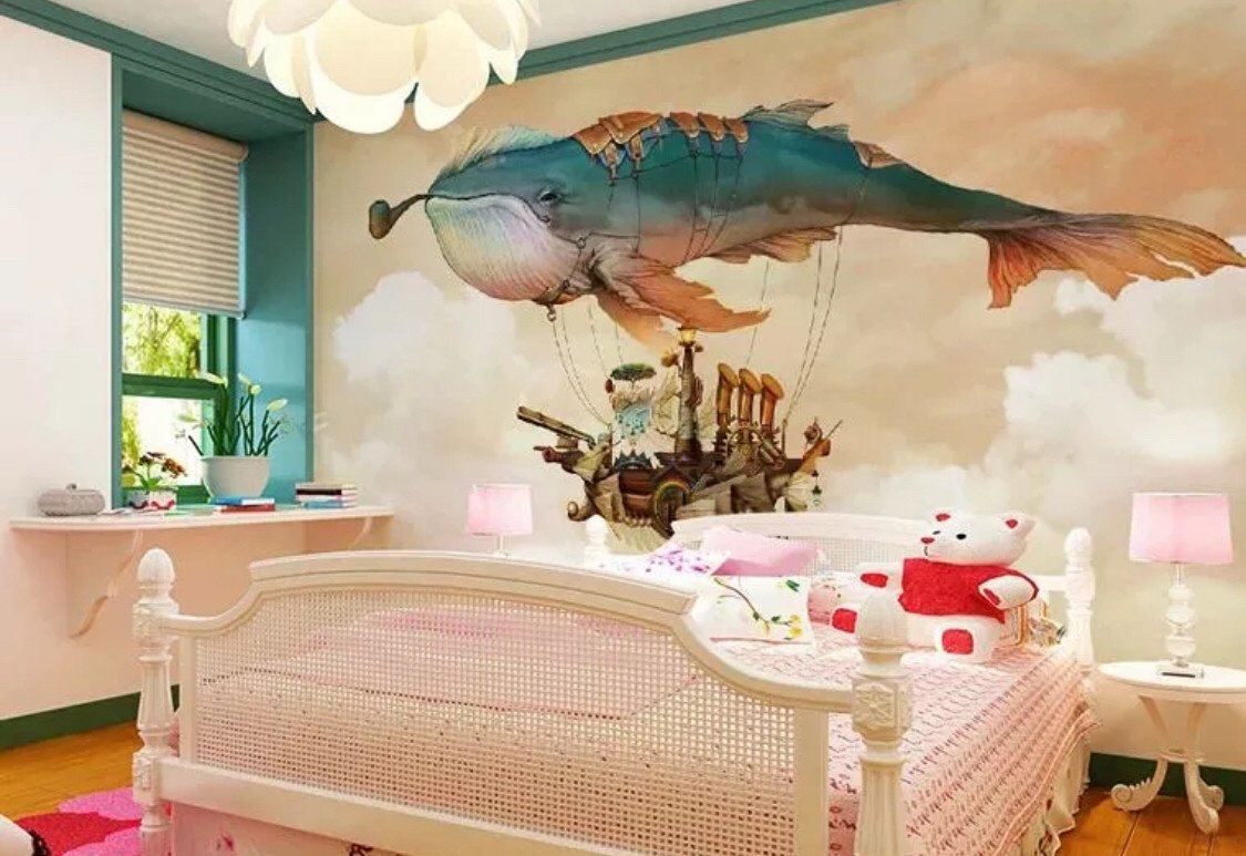 3D Whale Fly dream 127 WallPaper 3.75m wide and 2.45m high IN VINYL AJ Wallpaper 