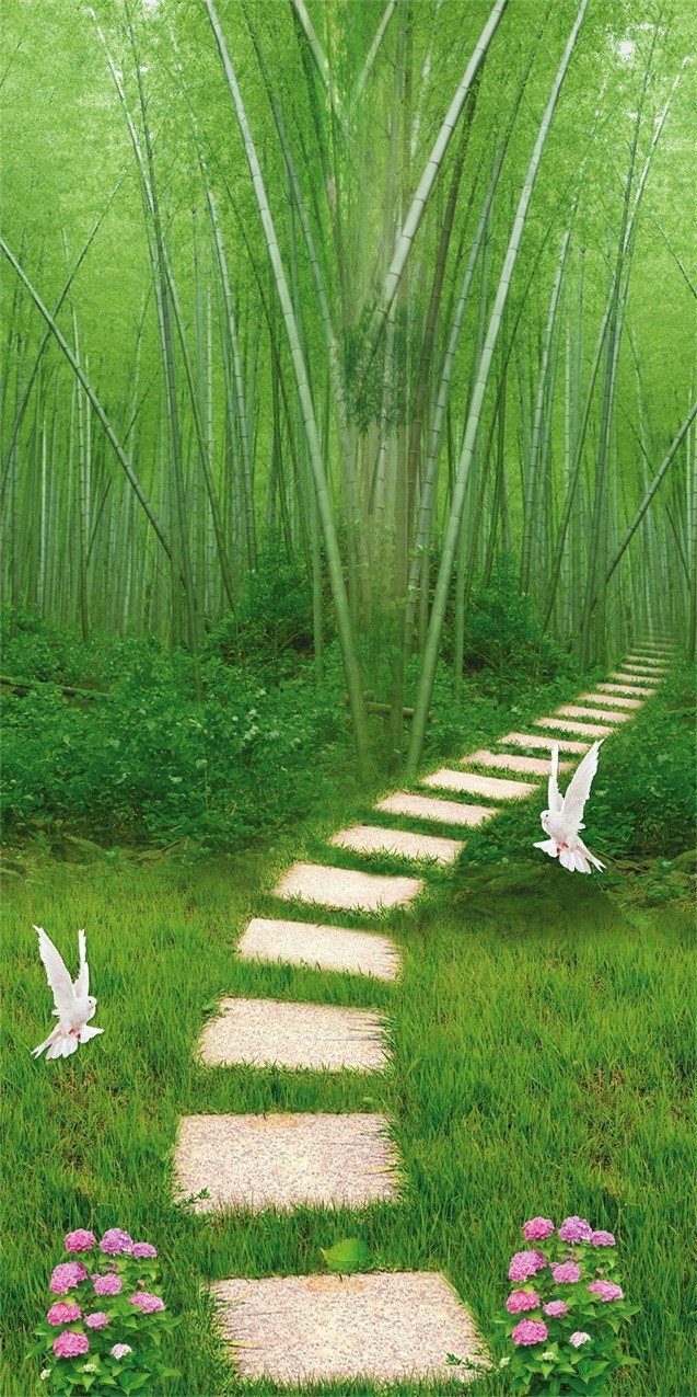 3D bamboo forest dove and flower door mural Wallpaper AJ Wallpaper 