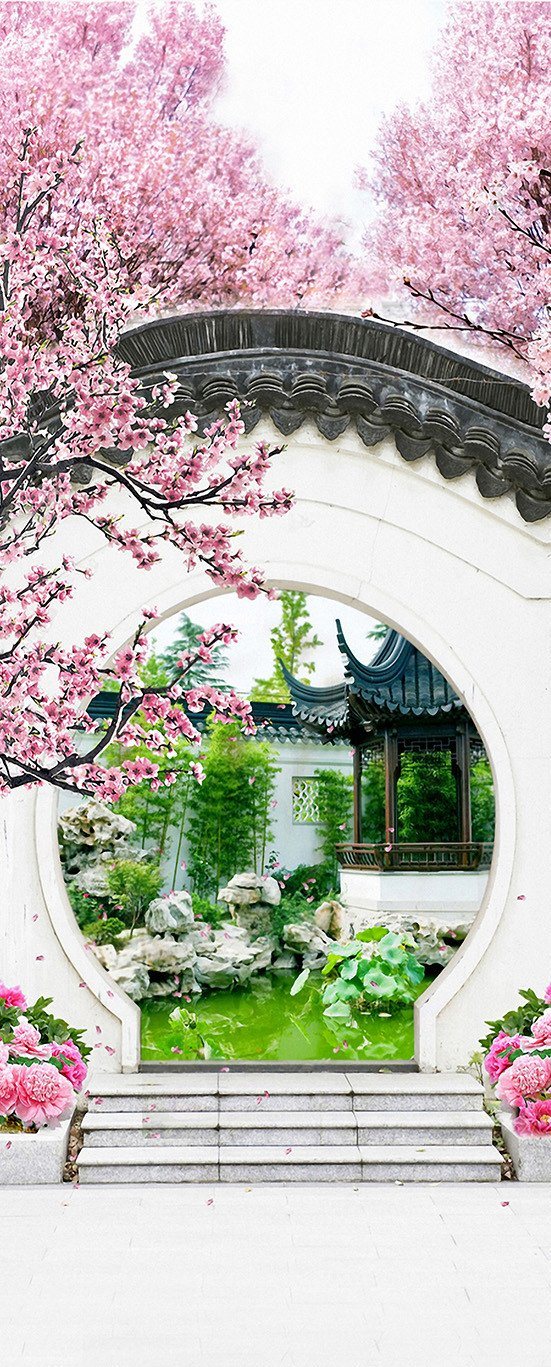 3D classical courtyard arch flower tree pond door mural Wallpaper AJ Wallpaper 