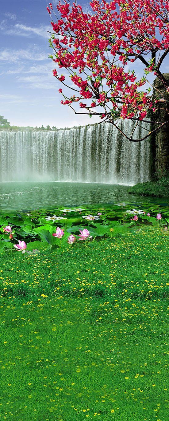 3D red flowering trees the green grass waterfall door mural Wallpaper AJ Wallpaper 