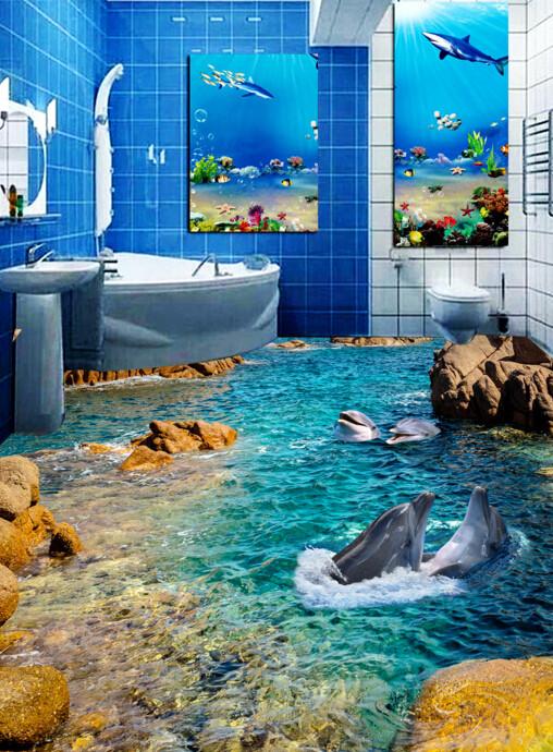 3D Bay Playing Dolphins Floor Mural Wallpaper AJ Wallpaper 2 