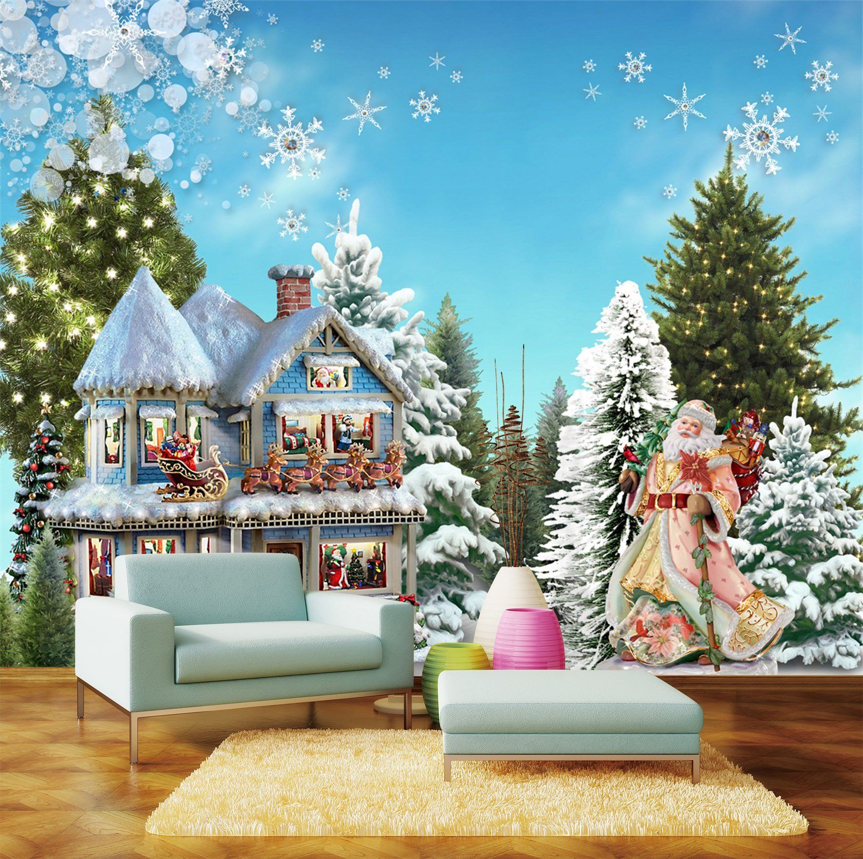 3D Christmas Snowflake Tree And House Wallpaper AJ Wallpaper 