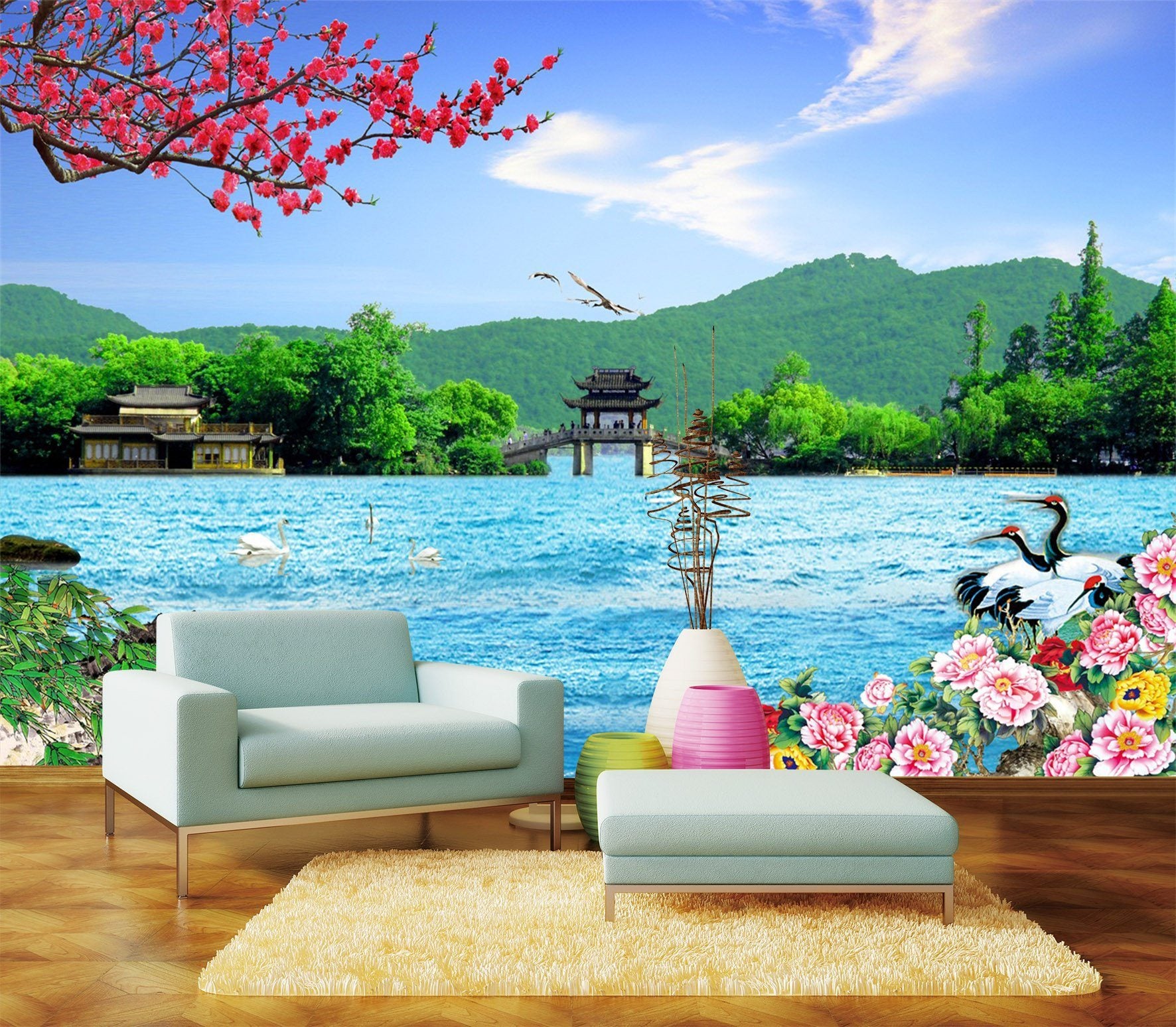3D Blue Lake Pavilion 146 Wallpaper AJ Wallpaper 
