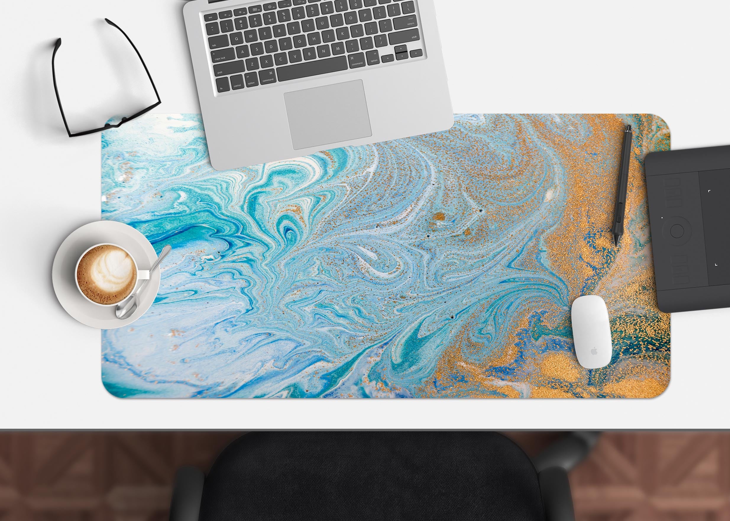 3D Light Blue Gold Pattern 18020 Desk Mat
