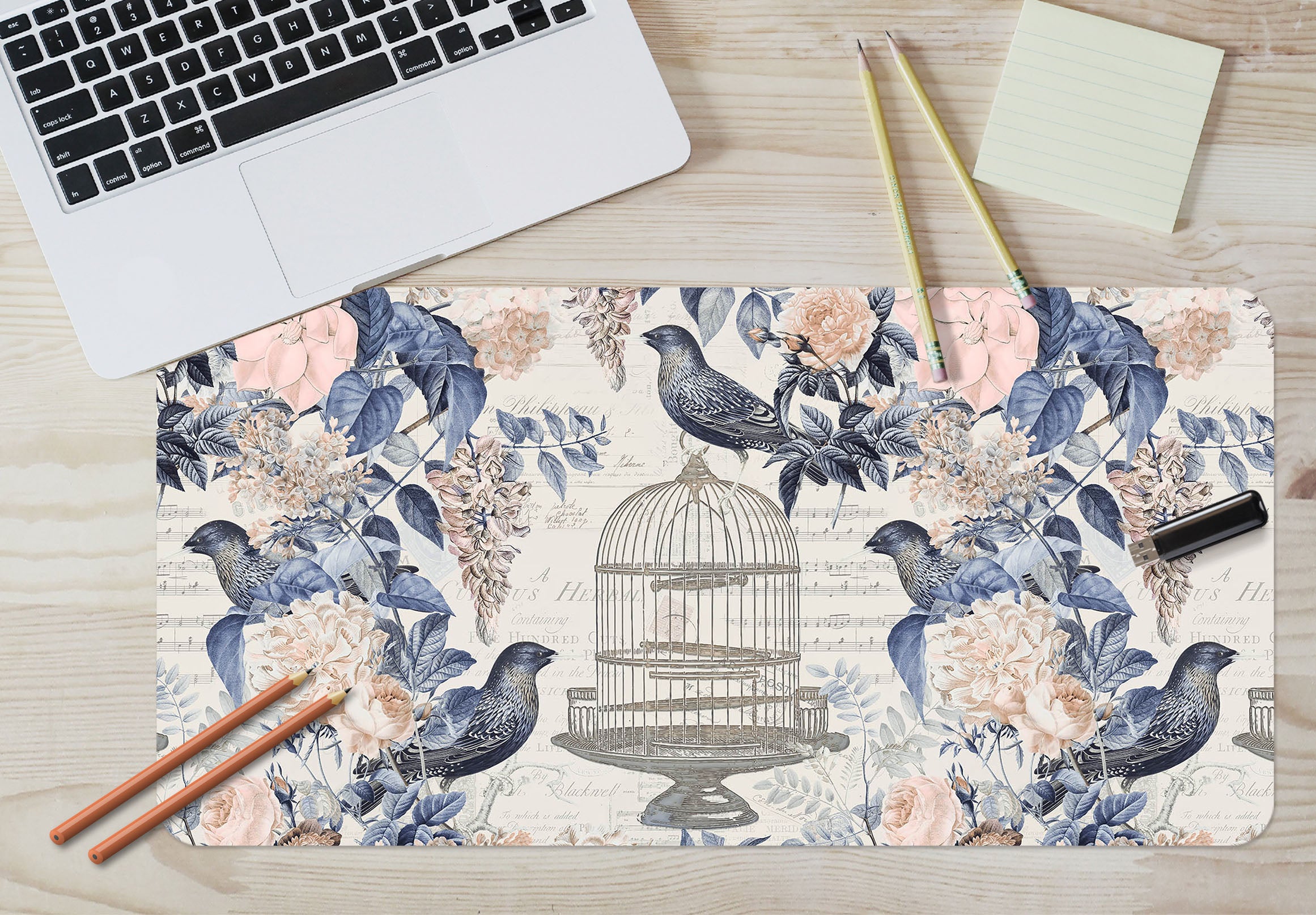 3D Blue Leaves Bird 985 Andrea Haase Desk Mat