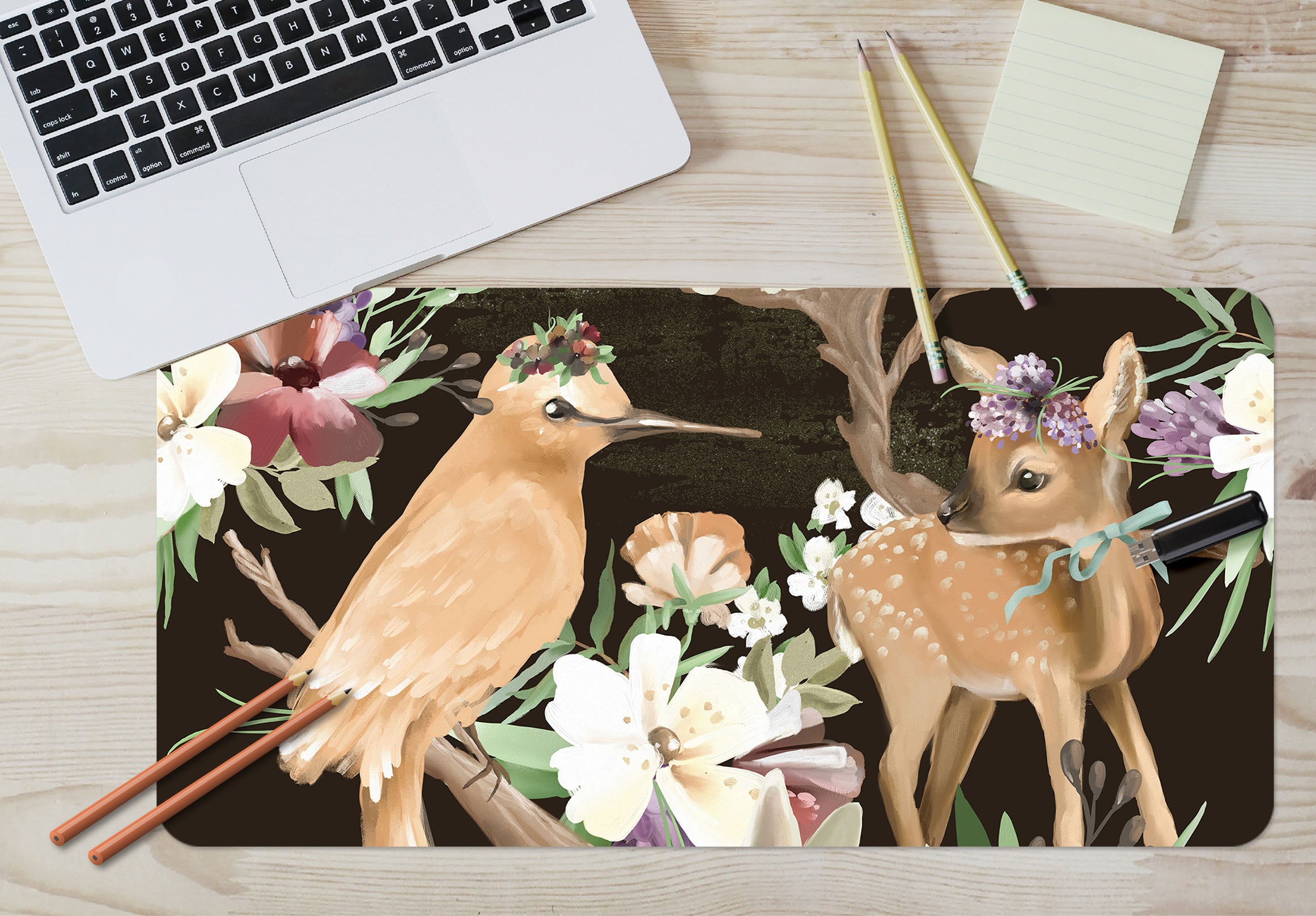 3D Bird Deer Flower 17163 Desk Mat