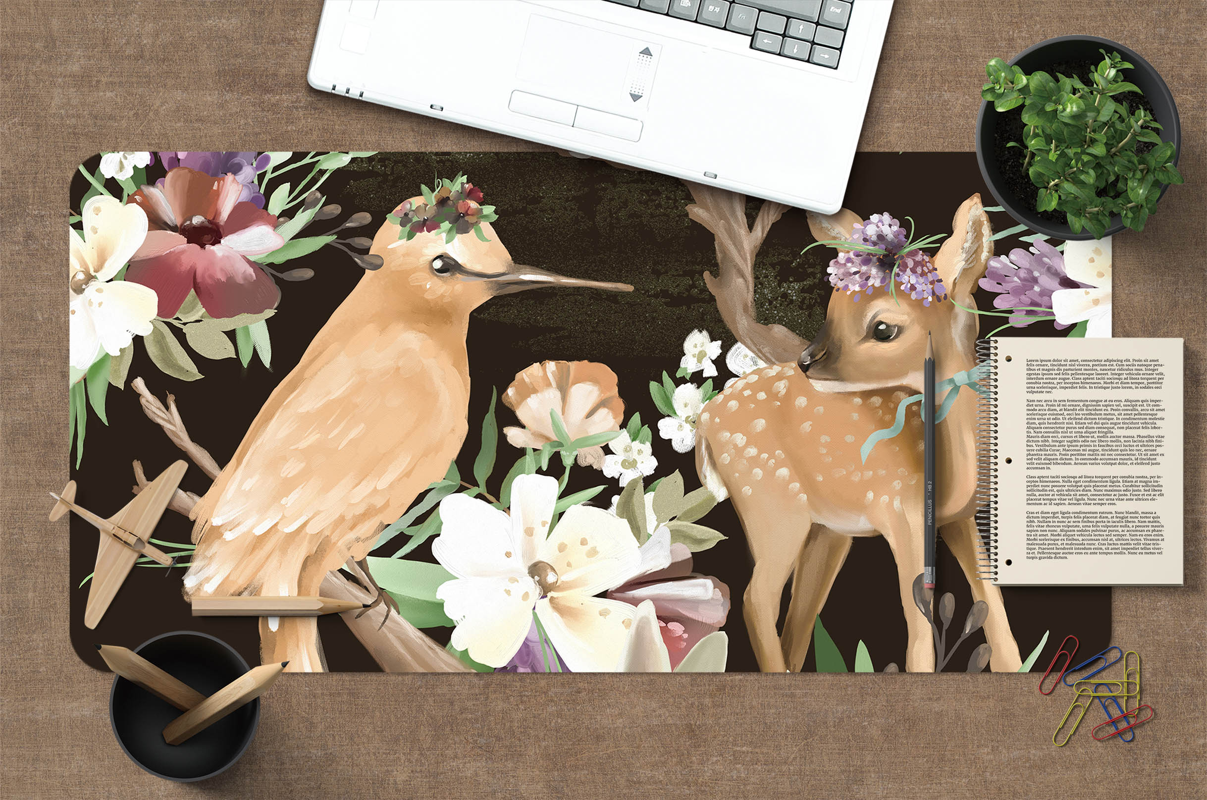 3D Bird Deer Flower 17163 Desk Mat