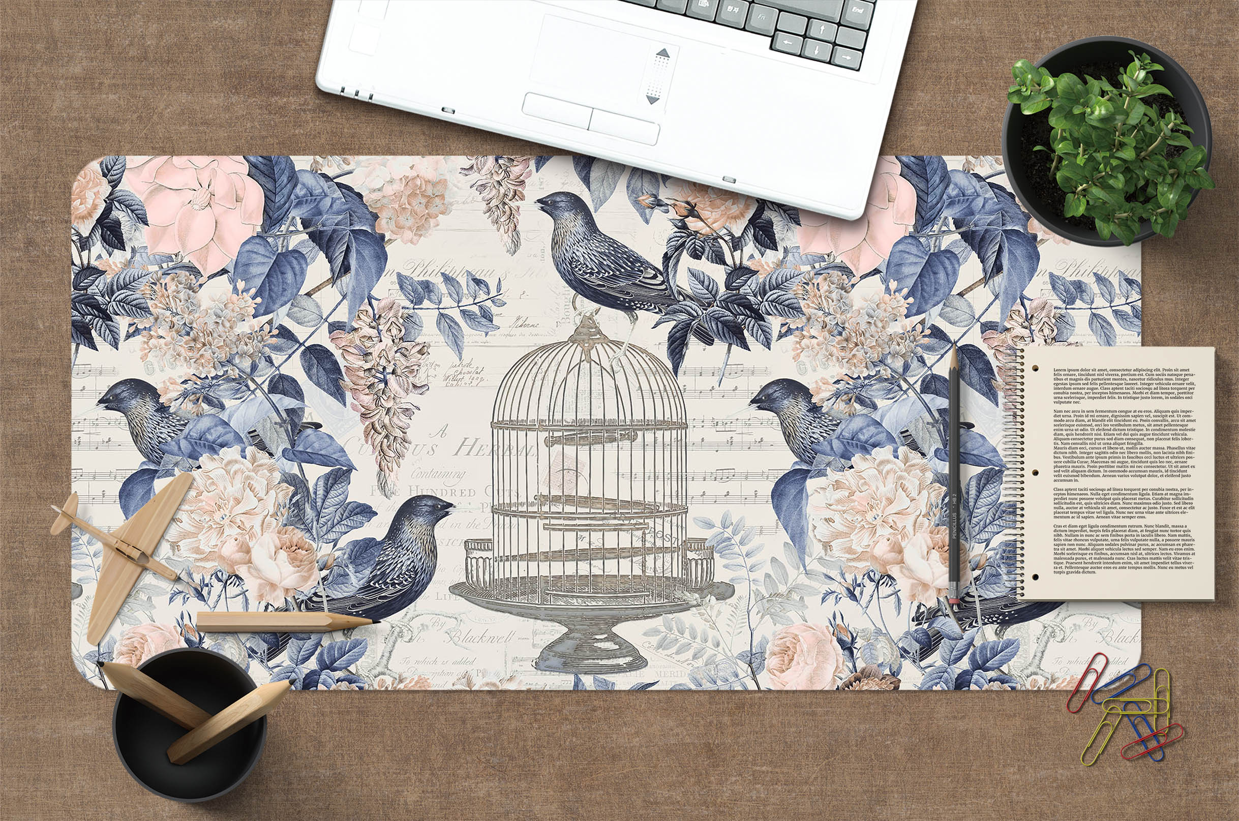 3D Blue Leaves Bird 985 Andrea Haase Desk Mat