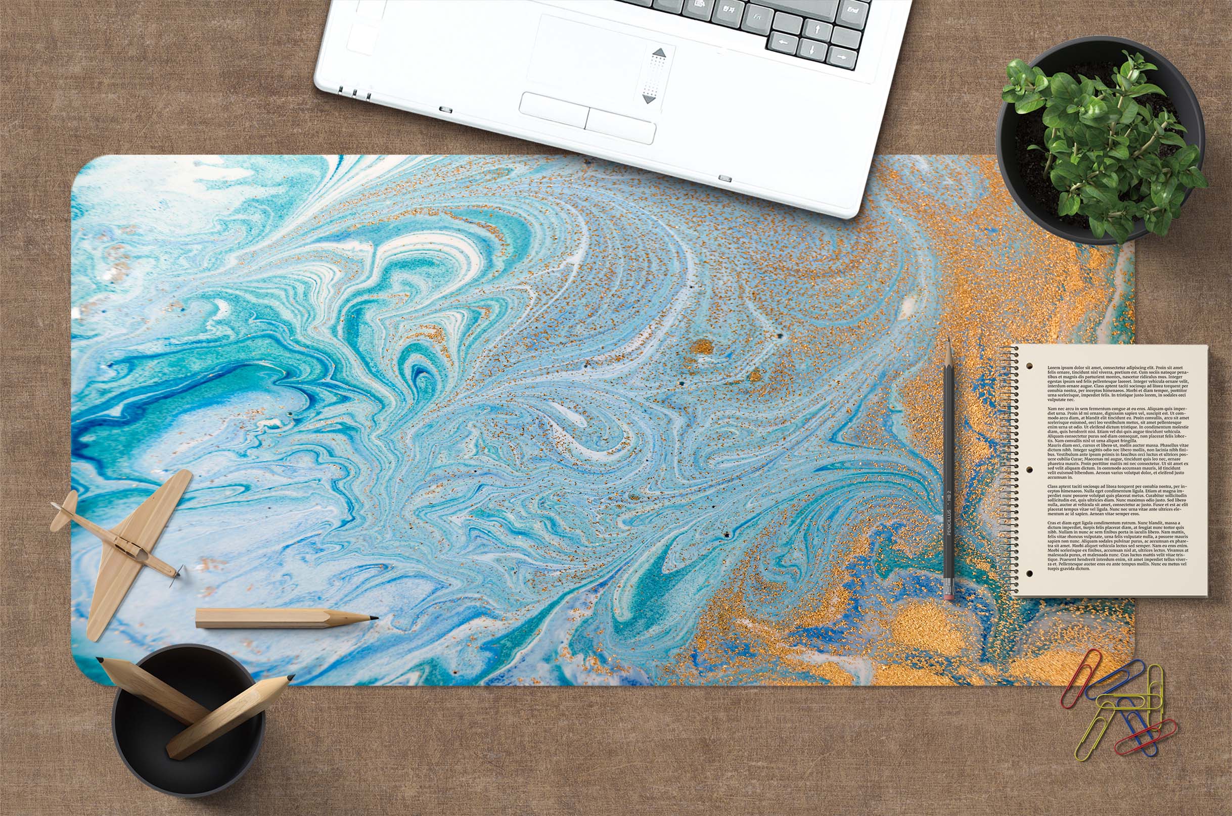3D Light Blue Gold Pattern 18020 Desk Mat