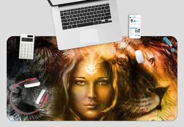3D Golden Lion Woman 17129 Desk Mat