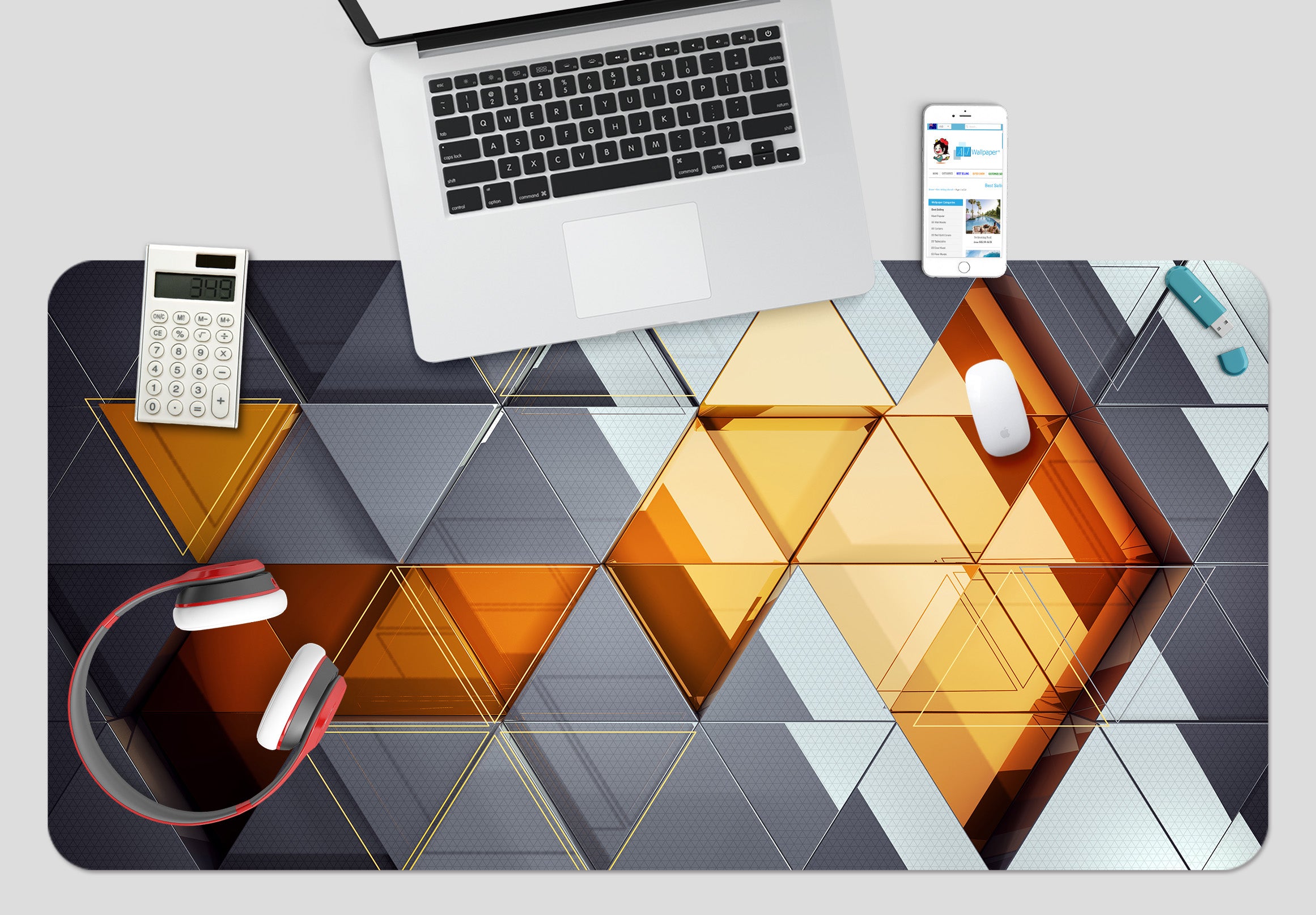 3D Gray Golden Triangle 17190 Desk Mat