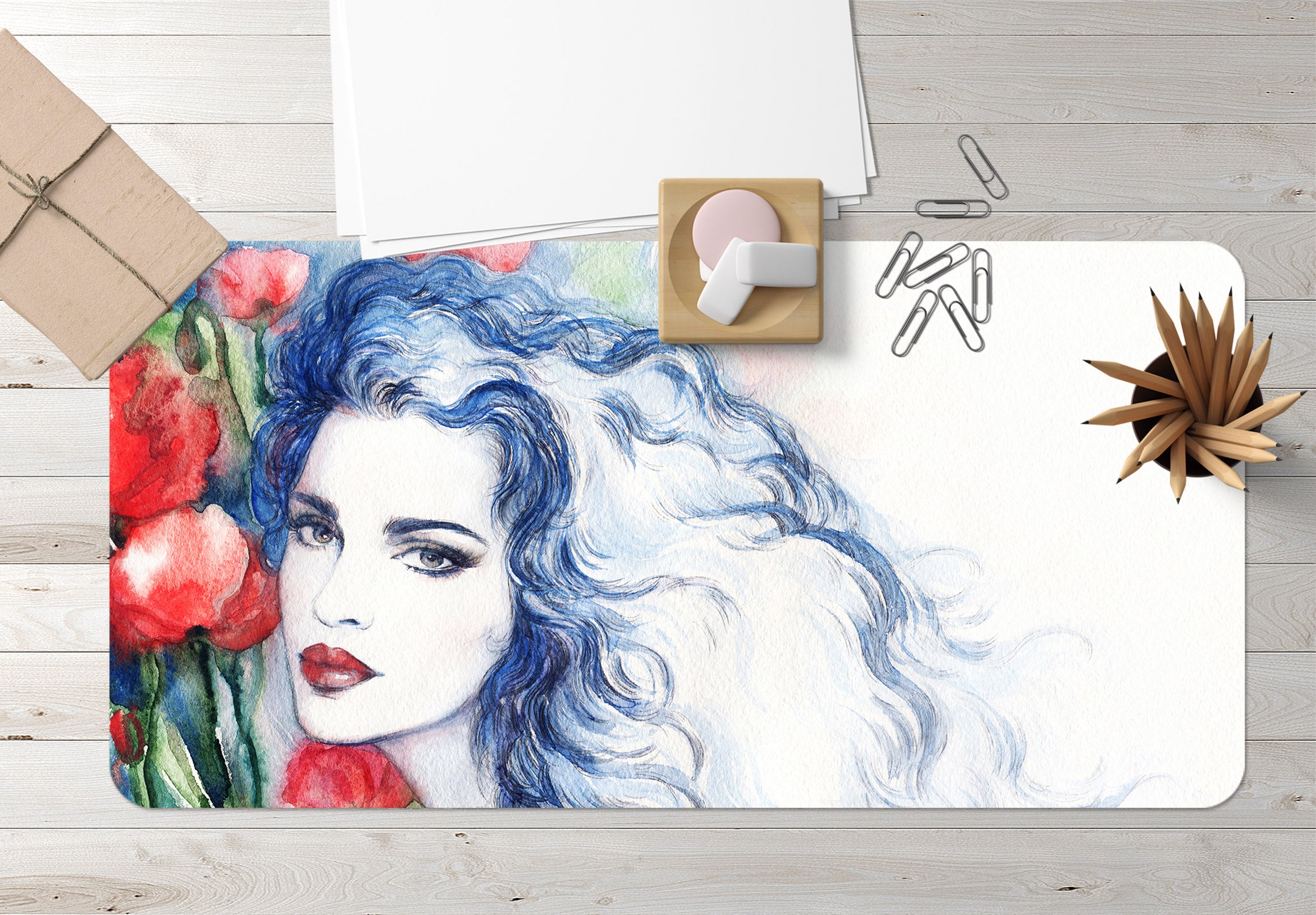 3D Blue Curly Hair Female 17154 Desk Mat