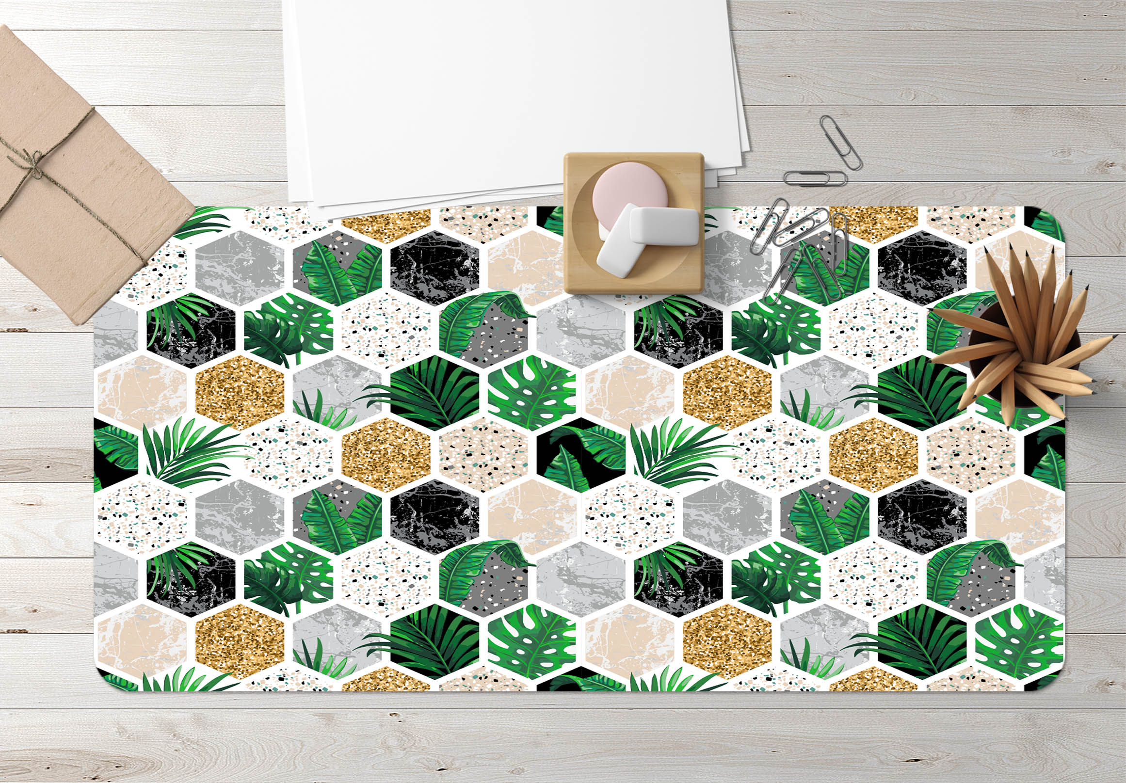 3D Green Leaf Gold Hexagon 18041 Desk Mat
