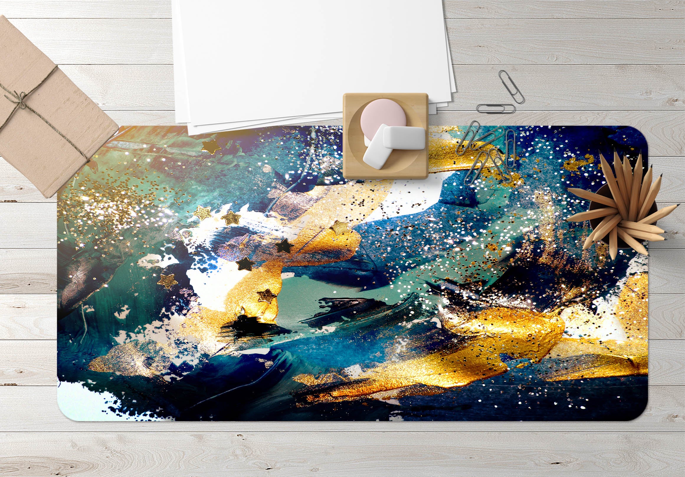 3D Dark Blue Golden Pattern 18027 Desk Mat