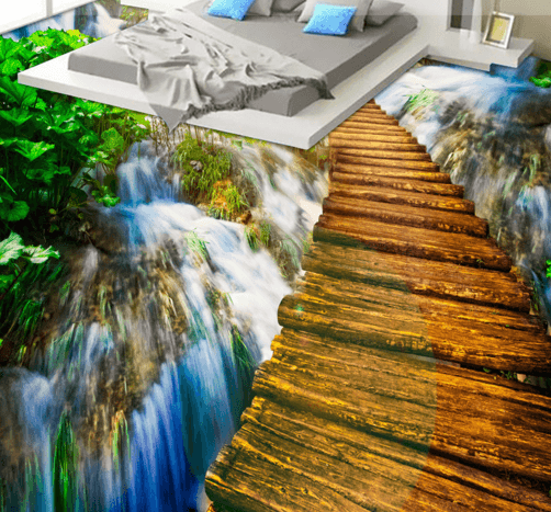 3D Waterfall And Bridge Floor Mural Wallpaper AJ Wallpaper 2 