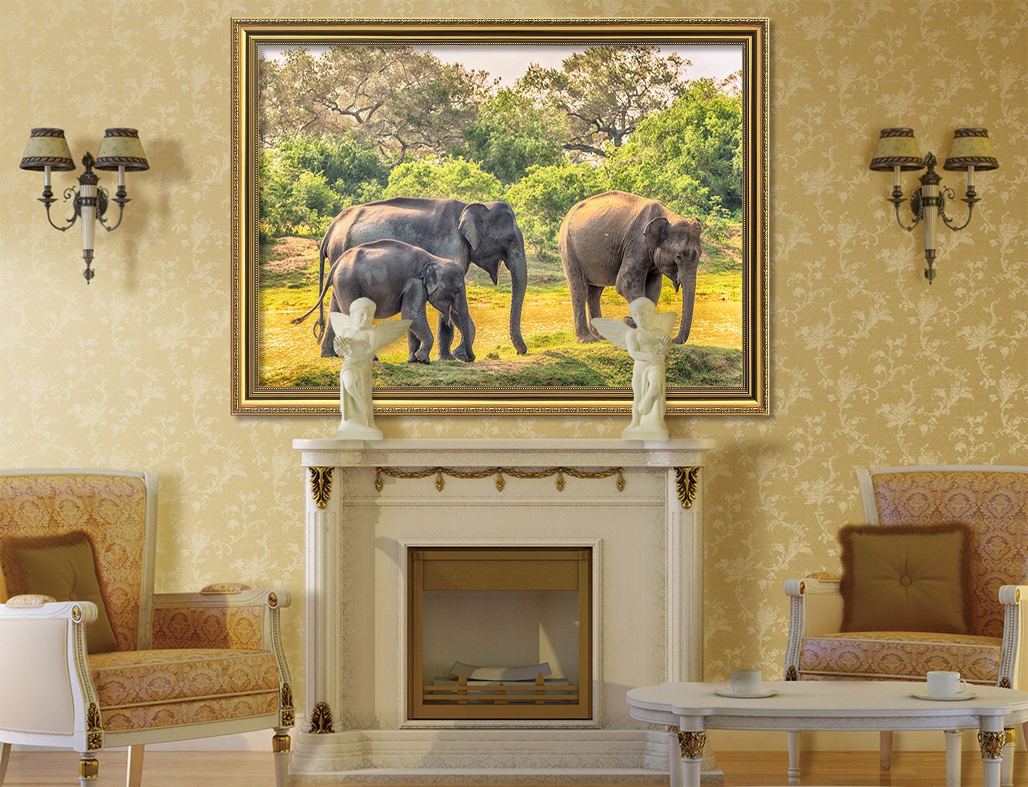 3D Elephant Walking 060 Fake Framed Print Painting Wallpaper AJ Creativity Home 