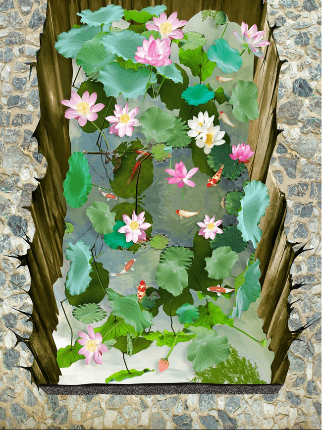 3D Hole Lotus Pond Floor Mural Wallpaper AJ Wallpaper 2 